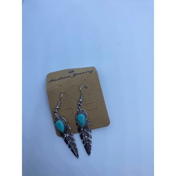 Retro Silver Leaf Earrings Turquoise Stone Accent Dangle Fashion Jewelry Womens - Picture 2 of 7